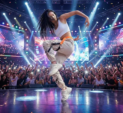 Background changed to concert scene by HiDream O1 Image